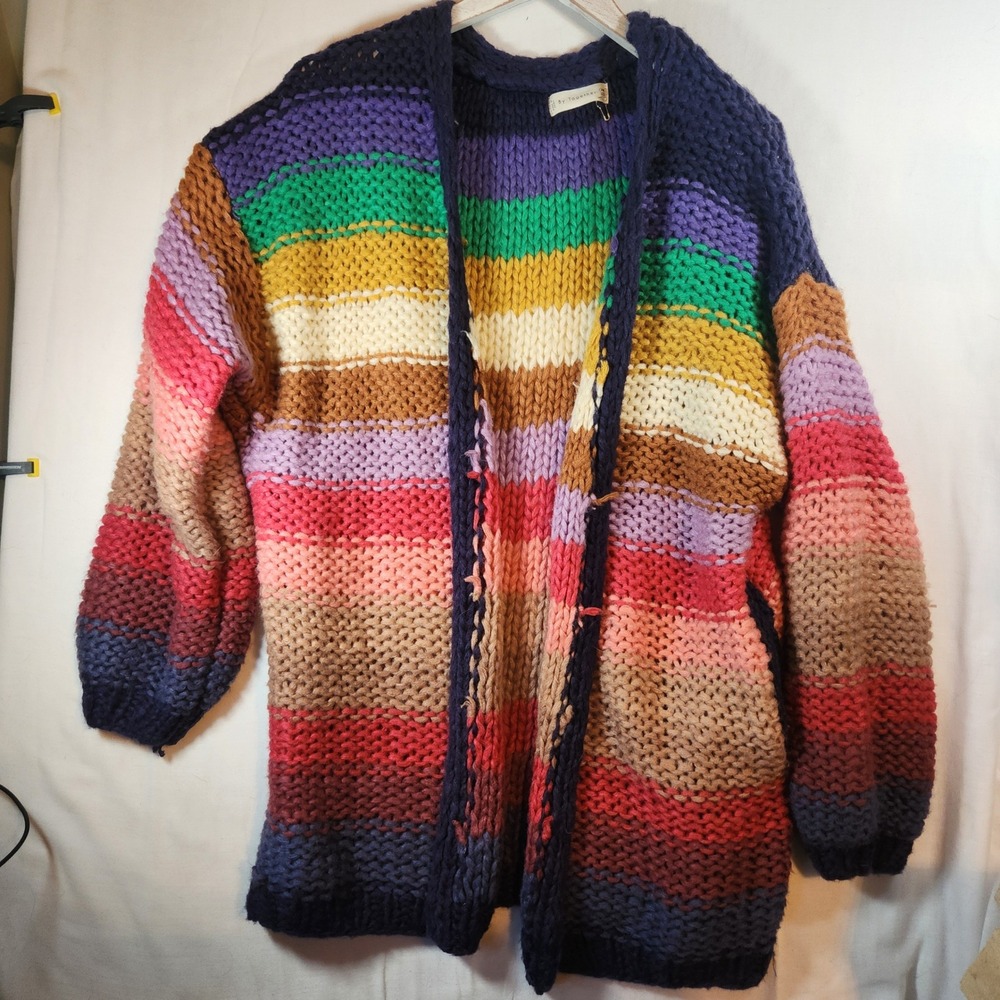 By Together Rainbow Striped Chunky Knit Cardigan Sweater One Size Oversized Boho